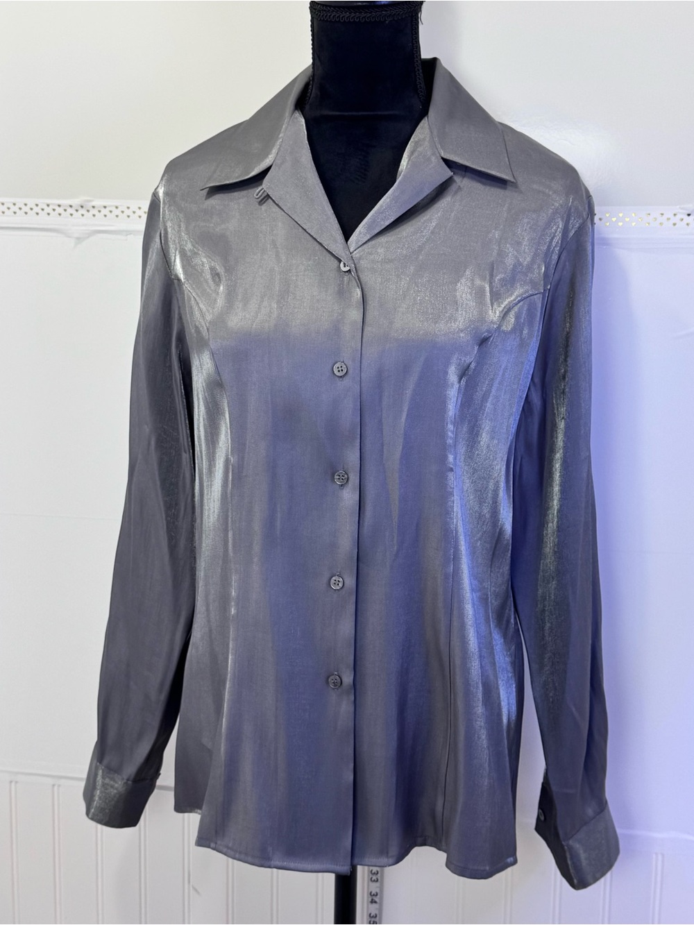 Preston & York Metallic Silver Button Down Blouse Size 10 Satin Shimmer